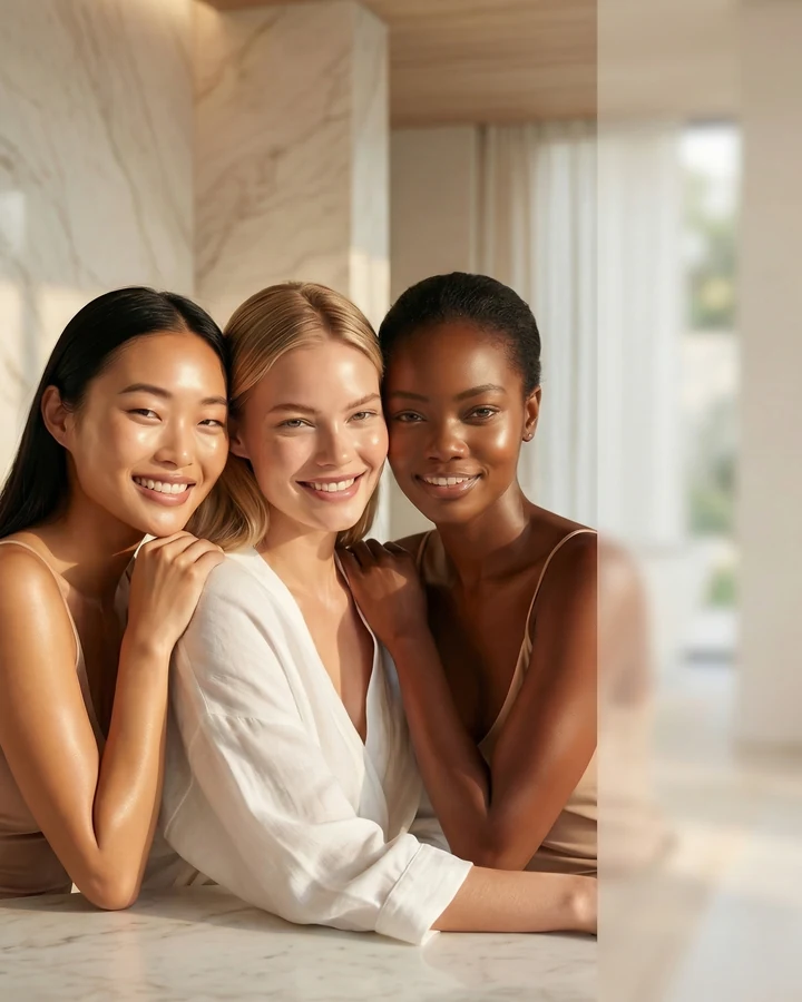 Three women with diverse skin tones in a sunlit spa